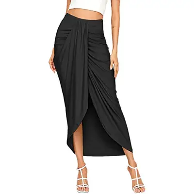 2021 Women's Maroon Split Wrap Skirt High Waist Pleated