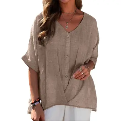 Women V-neck Cotton Linen Pullover Short Sleeve Casual Top