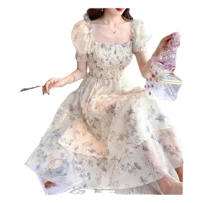 Women's White Chiffon Floral Waist Slimming Dress