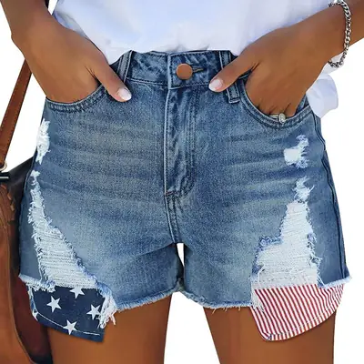 Women Denim Ripped Pocket Shorts with Star Print