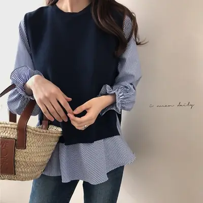 Women's Blue White Knitted Vest Set Large