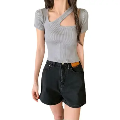 Women Blue Knitted Short Sleeve T-Shirt Top with Heart Collar