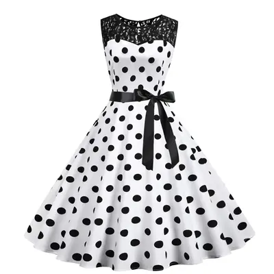 Blue Polka Dot Lace Sleeveless Swing Dress