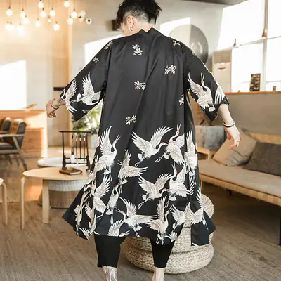 Summer Long Crane Printed Kimono for Men Plus Size