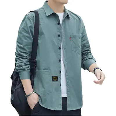 Men Cotton Long-Sleeve Shirt Grey Spring Autumn Hong Kong Style