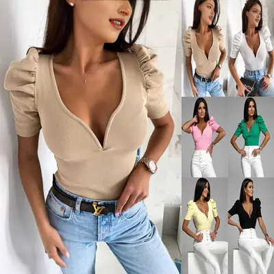 Women's Yellow Bubble Sleeve Slim Fit Top with Waist Briefs