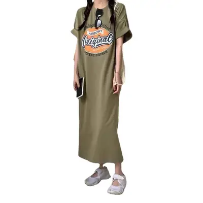 Plus Size Graphic Long Sleeve T-Shirt Dress Olive Green
