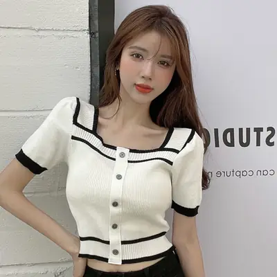 Women Knit Short Sleeve Top Black White Backless