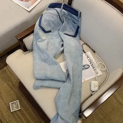 2022 Women's Wide Leg Jeans Blue Washed