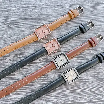 Women's Square Watch with Leather Band, Black, Brown, Tan, Grey