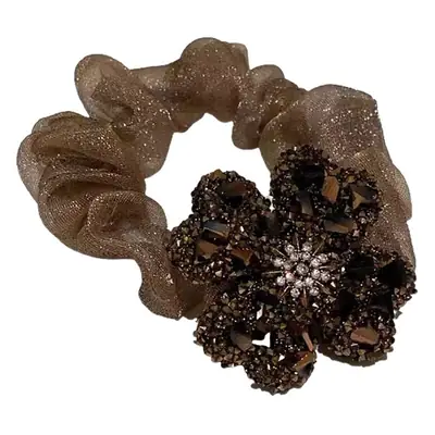 Rhinestone Hair Tie with Flower Design Brown