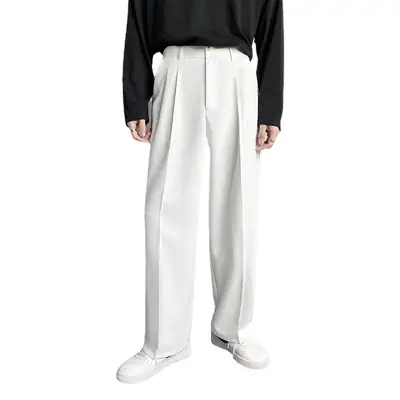 Men's White Loose Straight Suit Pants with Black Sweatshirt
