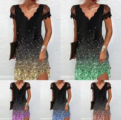 Black Green Sequin Wave Dress with Lace Sleeves