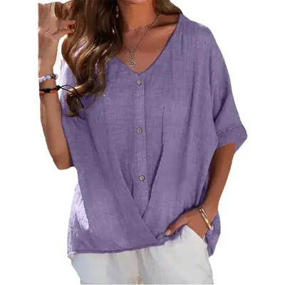 Women Cotton Linen V-Neck Pullover Summer Top