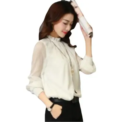 2024 Korean Design Black Chiffon Shirt with Small Collar & Mesh Bottom