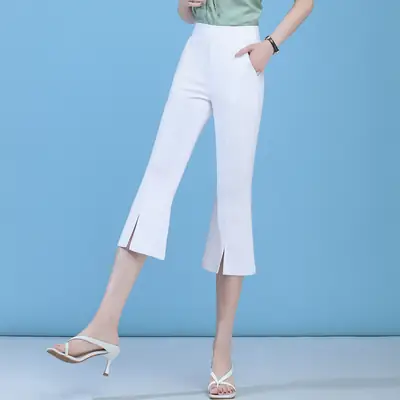 White Micro-Flared High-Waisted Cropped Pants for Women