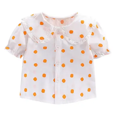 Girls White Heart Print Short Sleeve Collar Shirt