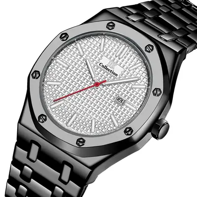 Men's All White Steel Band Quartz Watch with Calendar