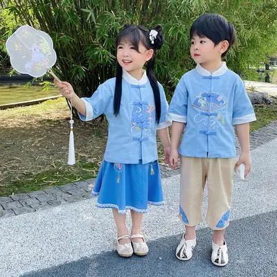 Retro Han Tang Guoxue Embroidered Dress Blue