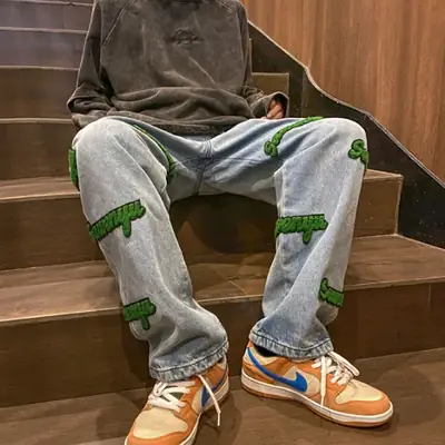 Men's Green Embroidered Wash & Wear Pants Set
