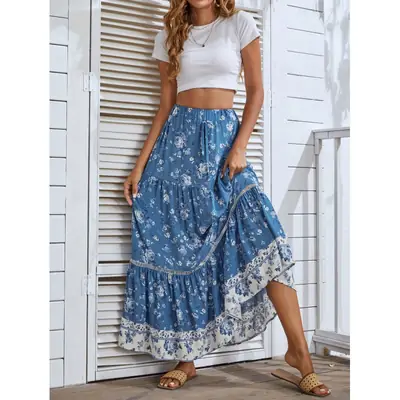 Blue Floral Ruffled Skirt with Hollow Lace Stitching