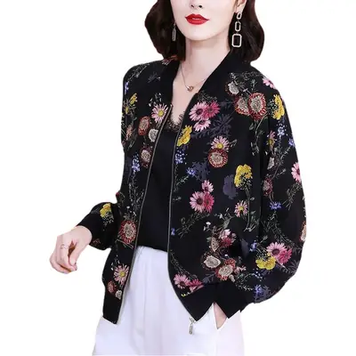 Women Floral Chiffon Jacket Black Large Size 2025