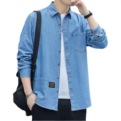 Men's Blue Denim Long Sleeve Shirt Hong Kong Style Casual Wear