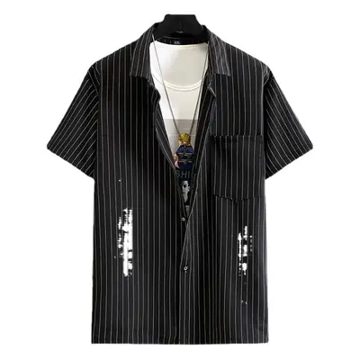 Summer Plus Size Men Vertical Striped Shirt Loose Fit