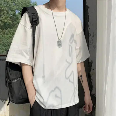 2024 Summer Men Black Round Neck T-Shirt Loose Fit