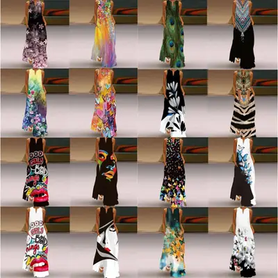 2022 V-Neck Sleeveless Long Dress Rose Print