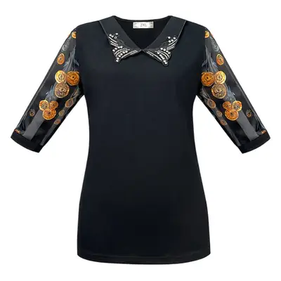 Plus Size Chiffon Shirt Black Floral Collar Slimming