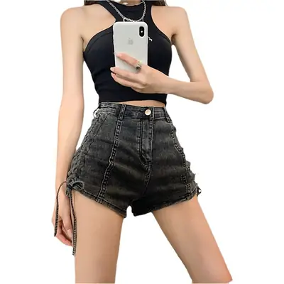 Lace-up Denim Shorts Women High Waist Elastic Slimming