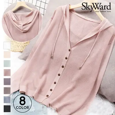 White Knitted V-Neck Cardigan Hooded Top for Women