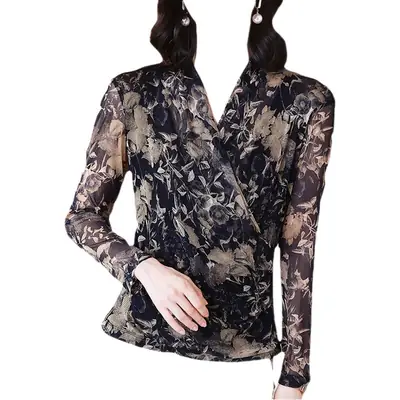 Women's Long Sleeve Floral Mesh Top Spring Fall