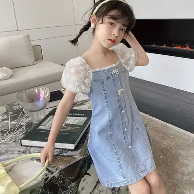 Girls Dress Summer 2022 New Girls Stylish Lace Bubble Short Sleeve Denim Dress 6293