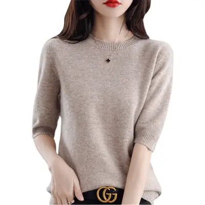 Women Wool Knitted T-Shirt Grey Plus Size Round Neck