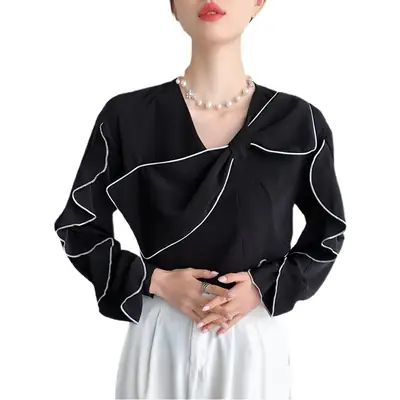 Black Chiffon Long Sleeve Collar Shirt with White Pants