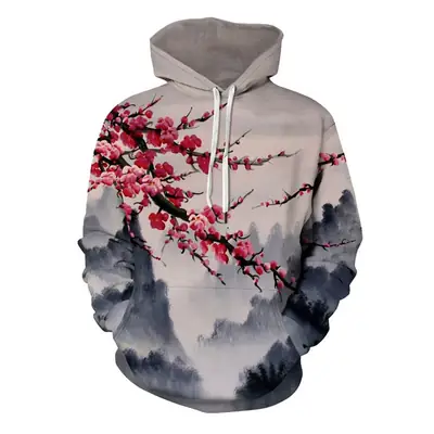 3D Digital Printed Hooded Sweatshirt with Cherry Blossom Design