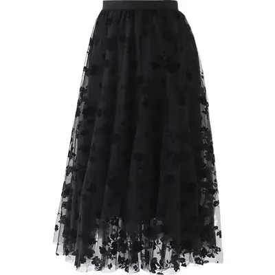 Black Lace A-Line Skirt for Women Large Hem