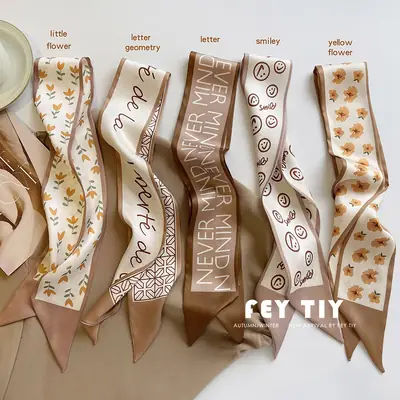 Advanced Khaki Silk Scarf with Floral Ribbon for Women