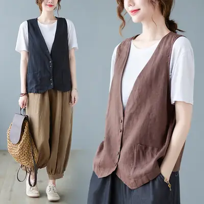 Women Sleeveless Vest Tan 2025 Summer Casual Loose Fit