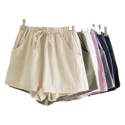 Women Cotton Linen Shorts Summer Elastic Waist Large