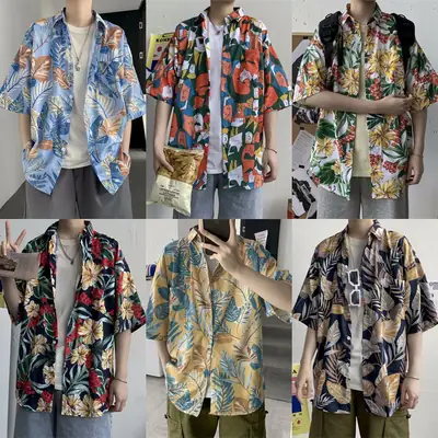 Summer Japanese Short Sleeve Shirt Men Korean Style Loose Hawaiian Retro