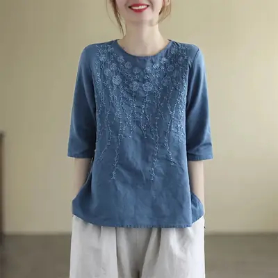 Women Cotton Linen Embroidered T-Shirt Pink