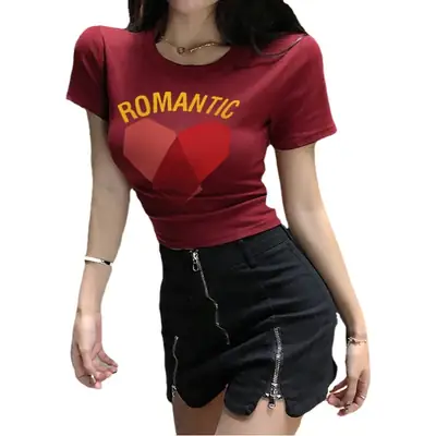 Women Yellow Heart Print Short T-Shirt 2025