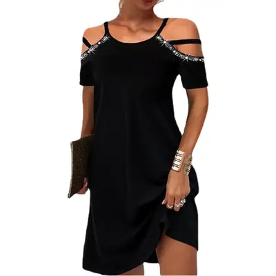 Black Sequin Shoulder Dress for Women Summer