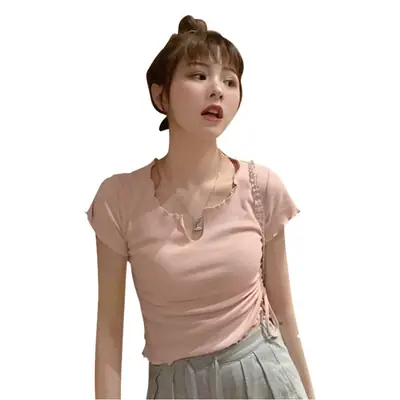 Women V-Neck Drawstring Top 2025 Summer Light Purple