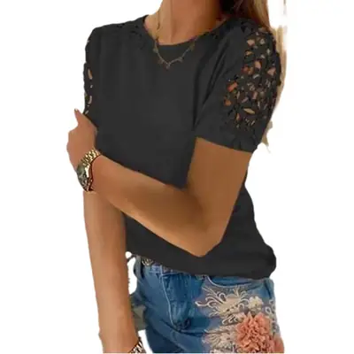 White Lace Short Sleeve T-Shirt for Women