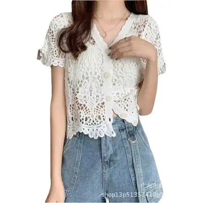 Women's Summer Crochet Lace V-neck Shirt
