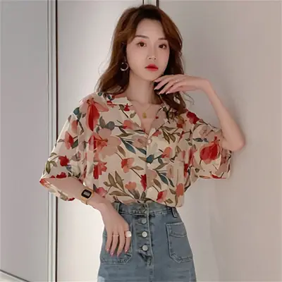 Women Printed Chiffon Shirt Floral Red Green Summer Wear